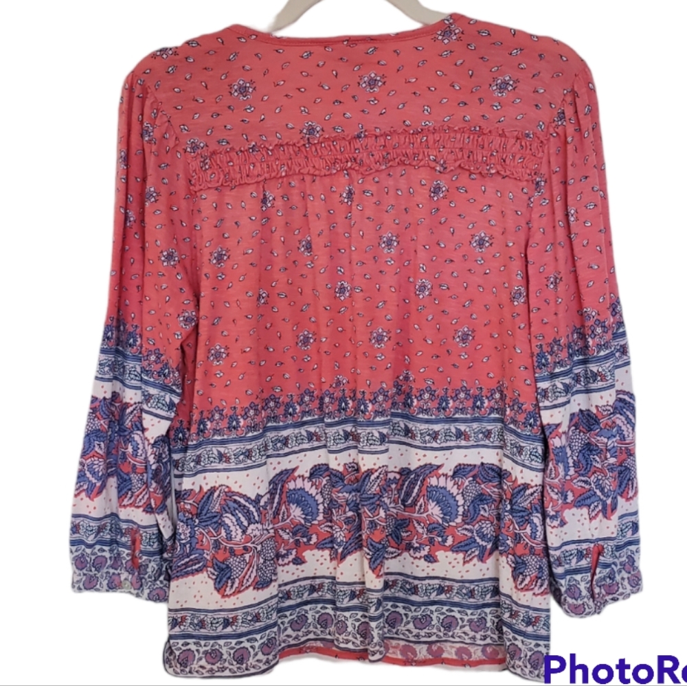 Lucky Brand Print Mix Boho Split Neck Peasant Blouse with Tassels Medium - Picture 5 of 6
